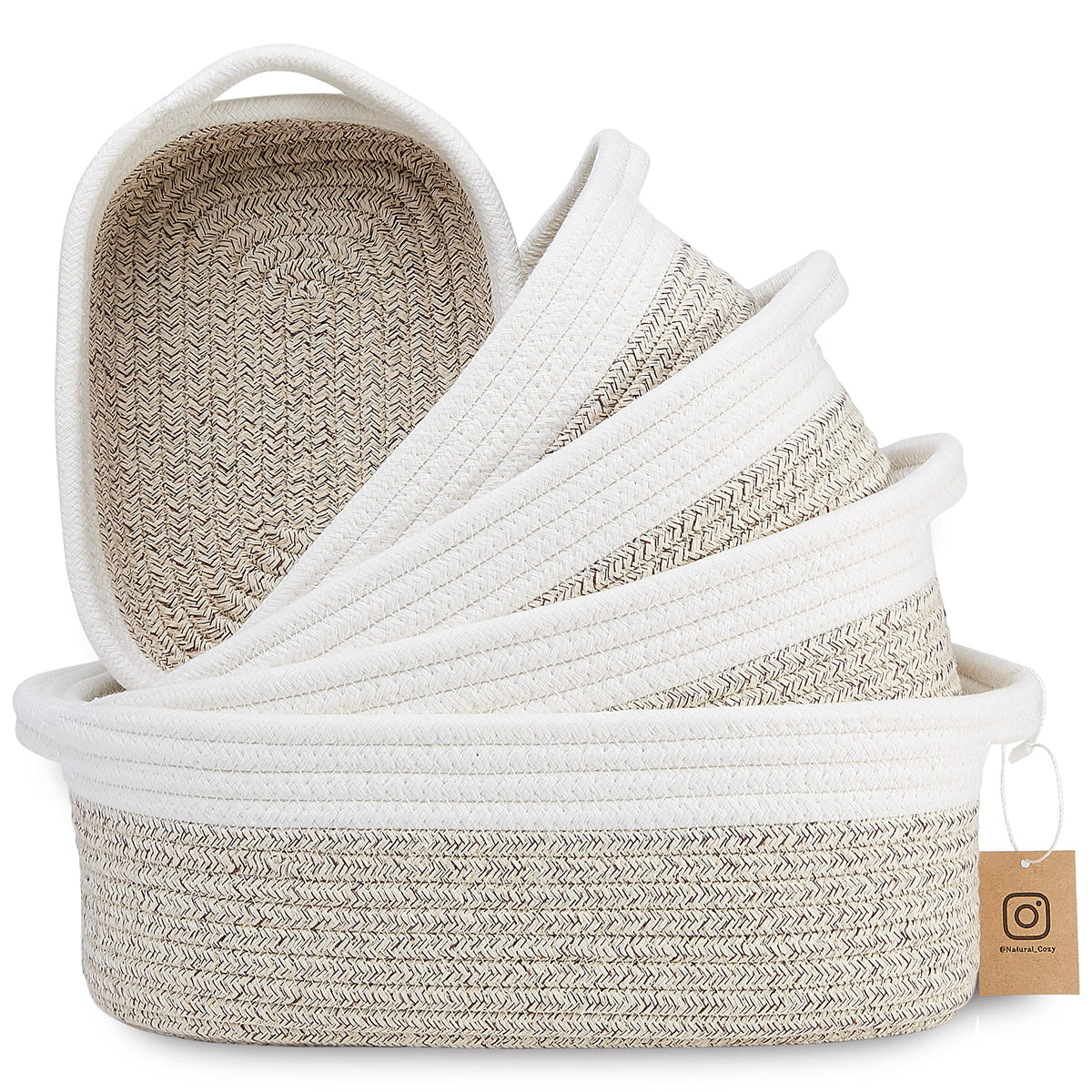 NaturalCozy 5-Piece Rectangle Storage Basket Set- Natural Cotton Rope Woven for Organizing! Small Basket for Montessori, Baby Nursery, Dog Toy Baskets, Cat Toy Box, Bathroom Organization Bin