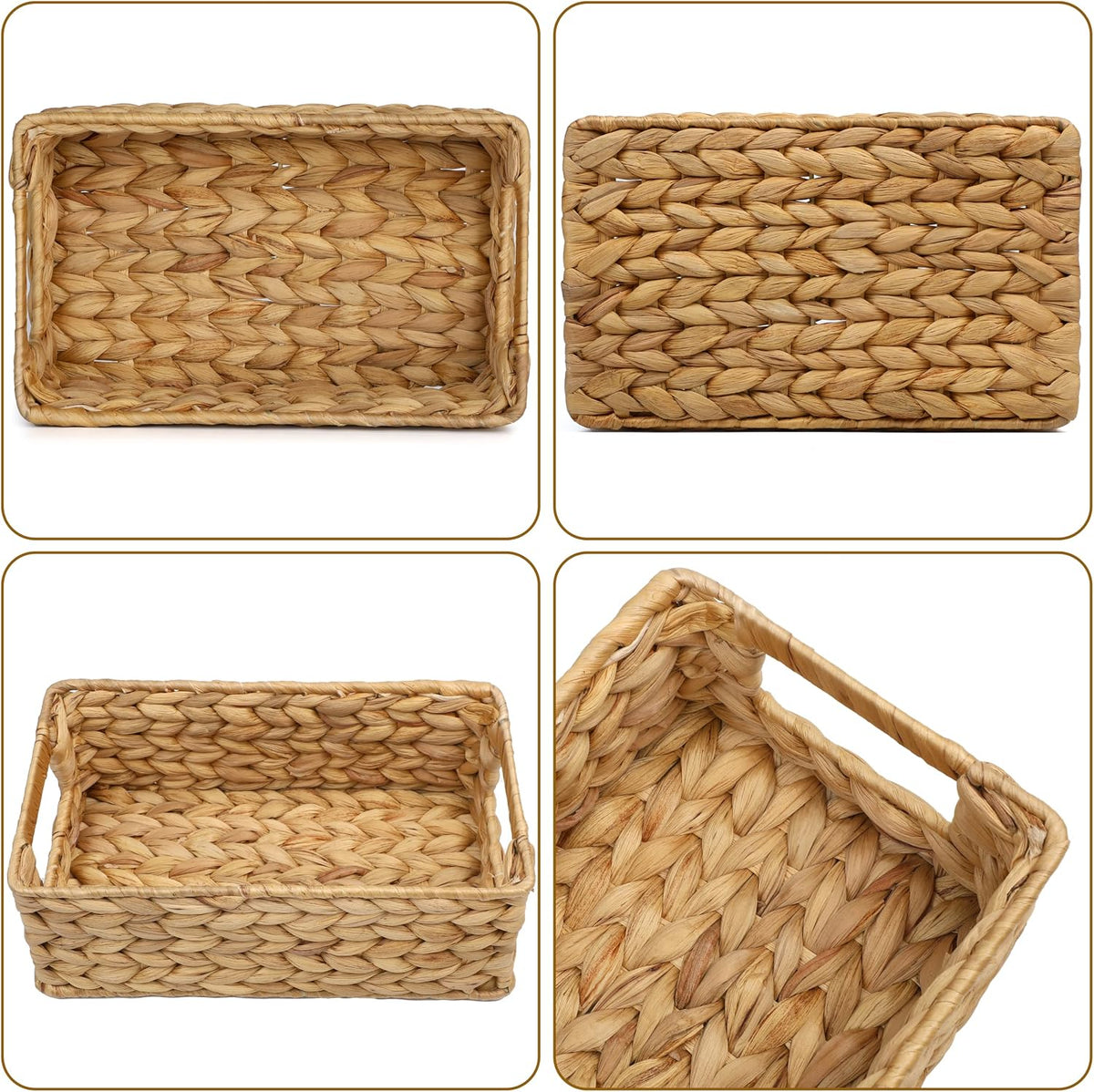 4 Small 3.6 QT Water Hyacinth Wicker Baskets for Shelves, 10" Long Woven Pantry Organizers and Storage Basket, Decorative Ratten Shallow Rectangle Baskets for Organizing Countertop Bathroom