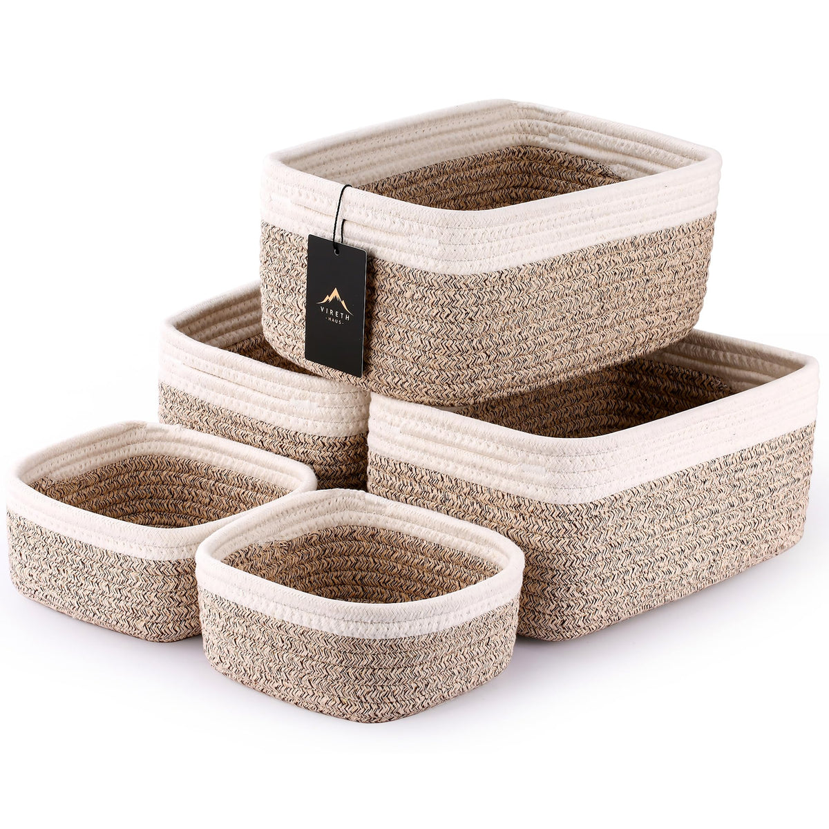 5-Pack Small Woven Rope Storage Baskets, 2 Sizes Organizer Bins