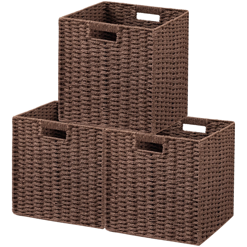 UBBCARE 2 Pack Wicker Basket, 13.4L×8.3H×7.1W inch Woven Paper Rope Storage Baskets for Shelves, Foldable Rectangular Storage Baskets with Handle, Storage Basket for Organizing, Black