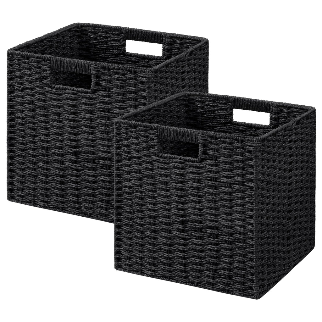 UBBCARE 2 Pack Wicker Basket, 13.4L×8.3H×7.1W inch Woven Paper Rope Storage Baskets for Shelves, Foldable Rectangular Storage Baskets with Handle, Storage Basket for Organizing, Black
