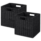UBBCARE 2 Pack Wicker Basket, 13.4L×8.3H×7.1W inch Woven Paper Rope Storage Baskets for Shelves, Foldable Rectangular Storage Baskets with Handle, Storage Basket for Organizing, Black