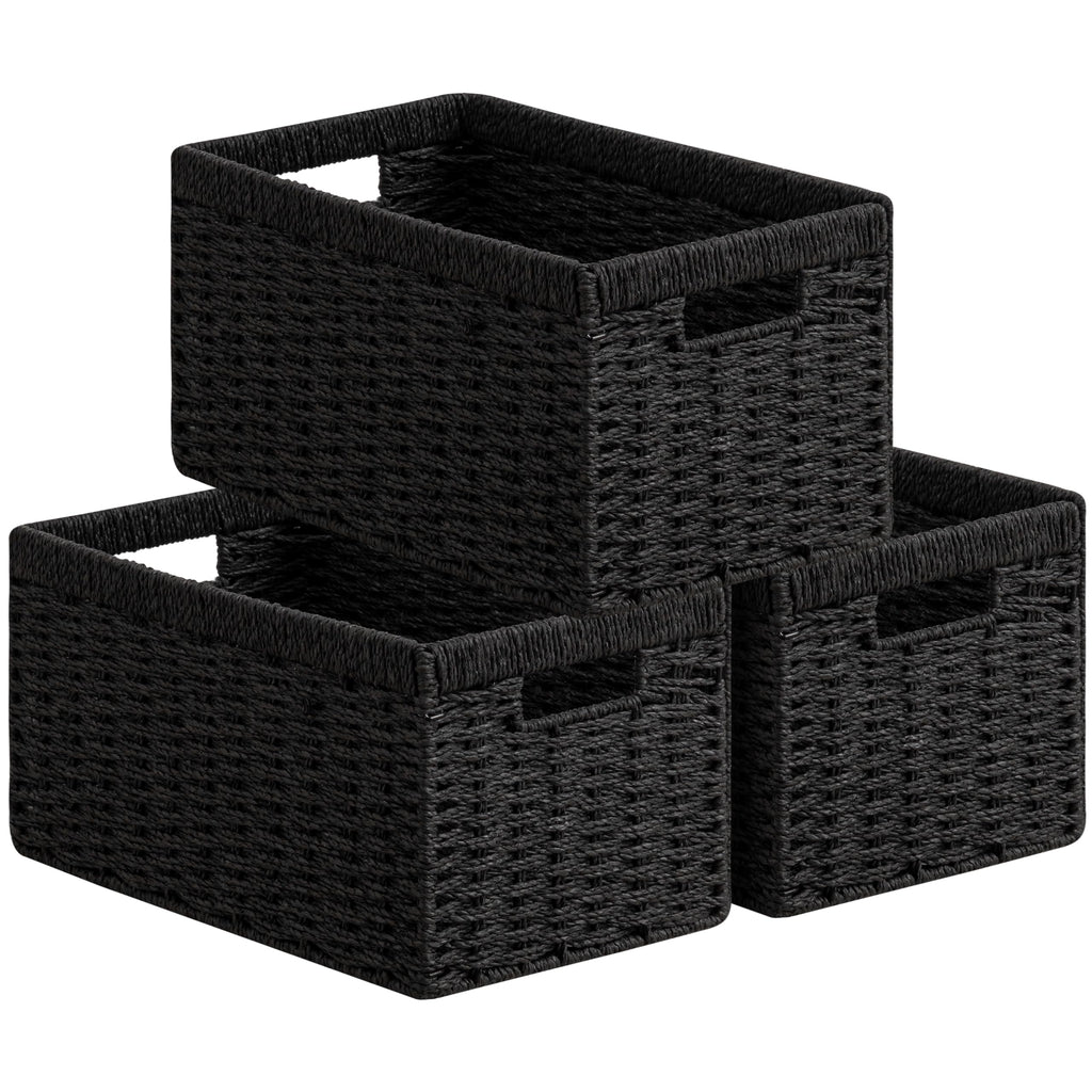 UBBCARE 2 Pack Wicker Basket, 13.4L×8.3H×7.1W inch Woven Paper Rope Storage Baskets for Shelves, Foldable Rectangular Storage Baskets with Handle, Storage Basket for Organizing, Black