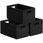 UBBCARE 2 Pack Wicker Basket, 13.4L×8.3H×7.1W inch Woven Paper Rope Storage Baskets for Shelves, Foldable Rectangular Storage Baskets with Handle, Storage Basket for Organizing, Black
