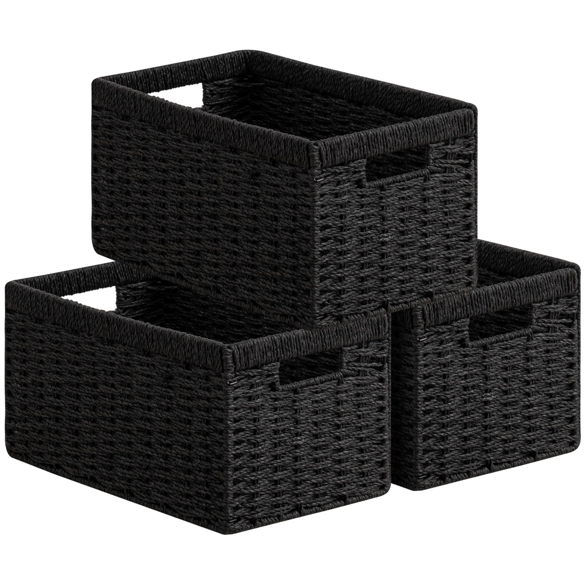 UBBCARE 2 Pack Wicker Basket, 13.4L×8.3H×7.1W inch Woven Paper Rope Storage Baskets for Shelves, Foldable Rectangular Storage Baskets with Handle, Storage Basket for Organizing, Black