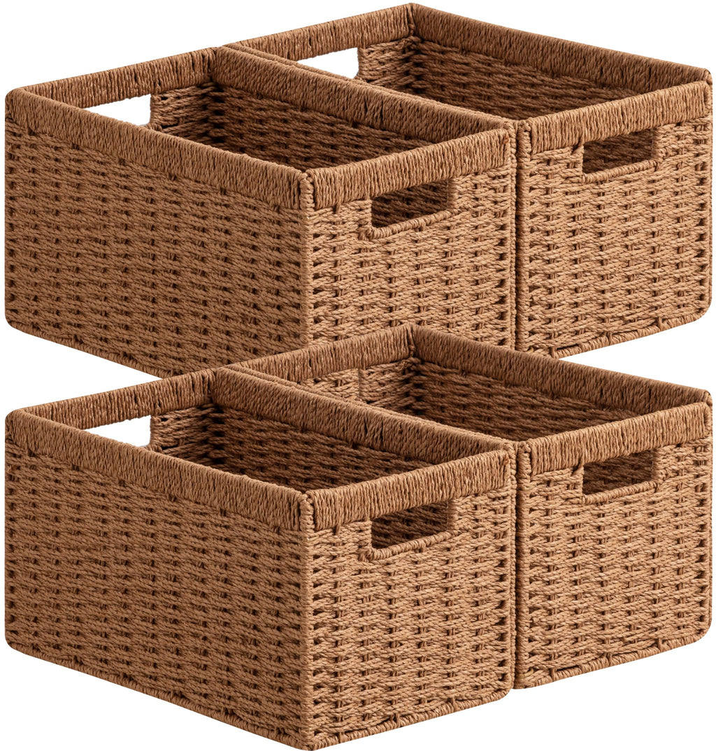 UBBCARE 2 Pack Wicker Basket, 13.4L×8.3H×7.1W inch Woven Paper Rope Storage Baskets for Shelves, Foldable Rectangular Storage Baskets with Handle, Storage Basket for Organizing, Black