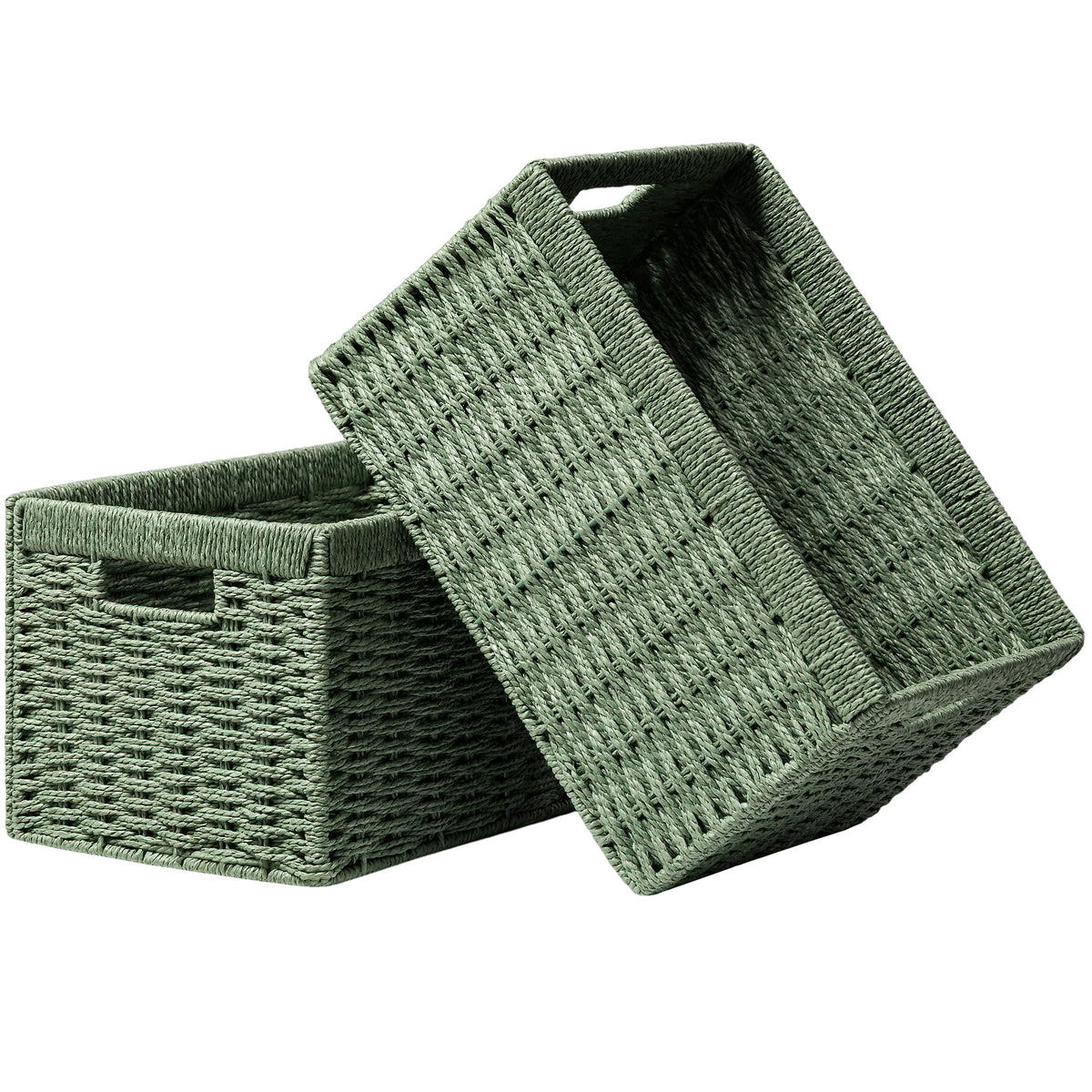 UBBCARE 2 Pack Wicker Basket, 13.4L×8.3H×7.1W inch Woven Paper Rope Storage Baskets for Shelves, Foldable Rectangular Storage Baskets with Handle, Storage Basket for Organizing, Black