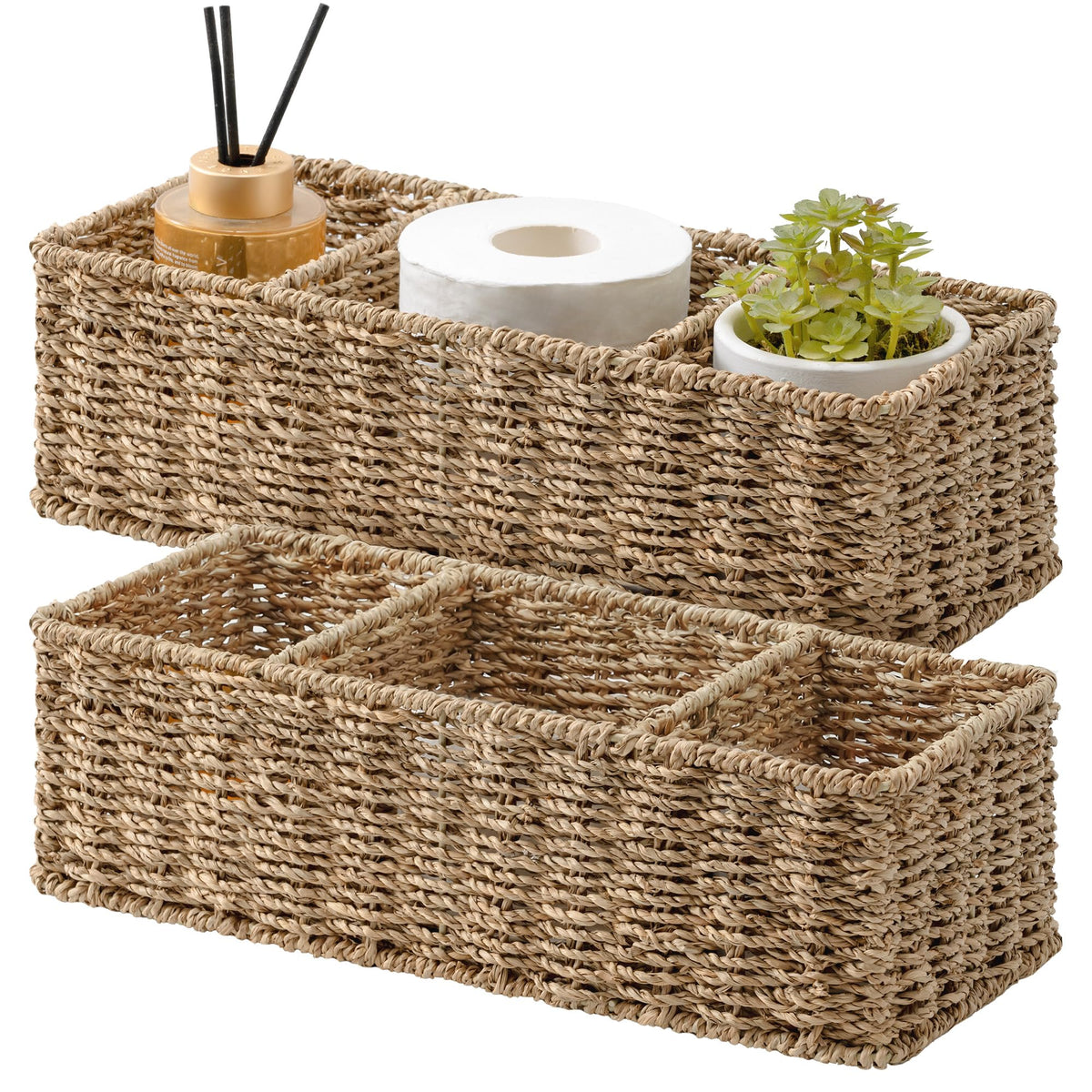 StorageWorks Toilet Paper Basket, 3-Section Water Hyacinth Storage Baskets