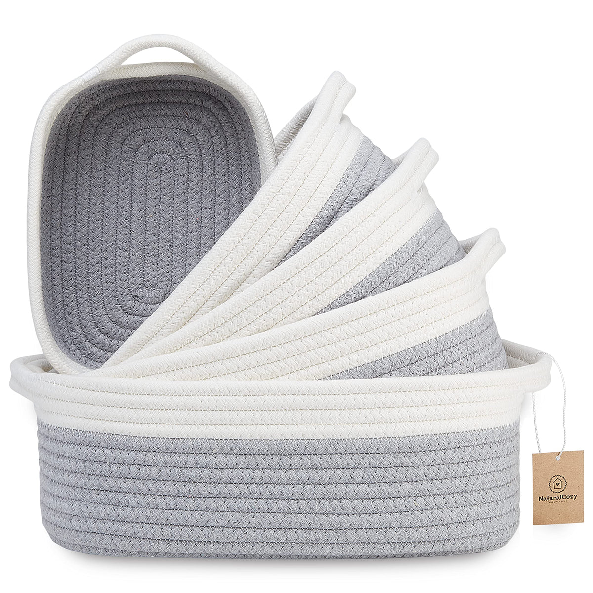NaturalCozy 5-Piece Rectangle Storage Basket Set- Natural Cotton Rope Woven for Organizing! Small Basket for Montessori, Baby Nursery, Dog Toy Baskets, Cat Toy Box, Bathroom Organization Bin