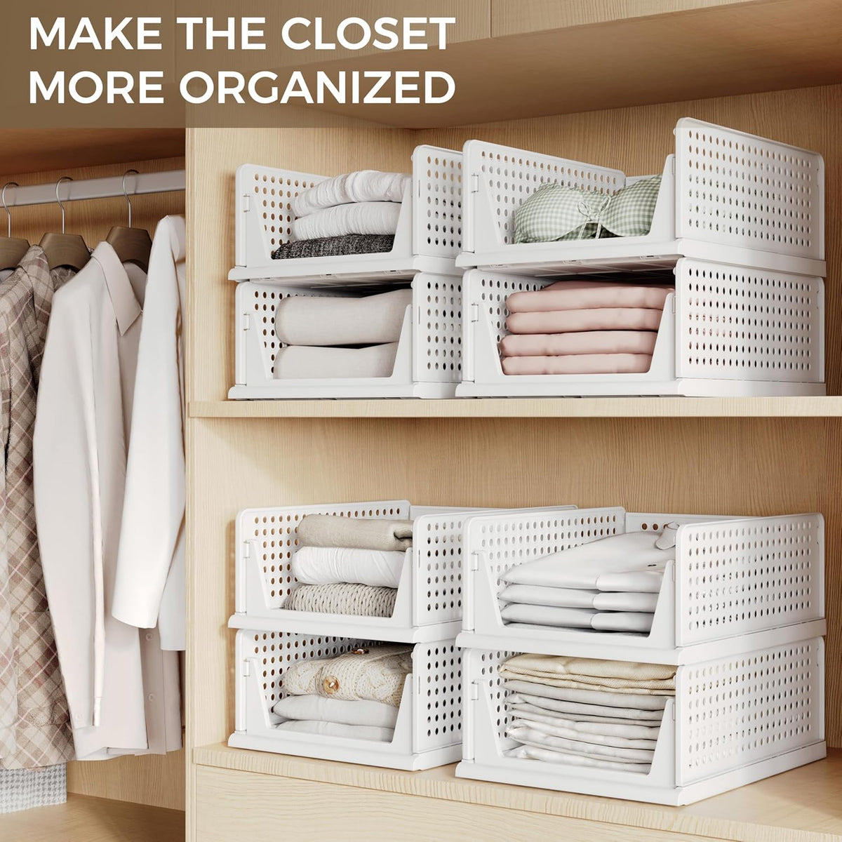 Pinkpum 6 Pack Closet Organizer Storage Bins Stackable Plastic Drawer Shelf