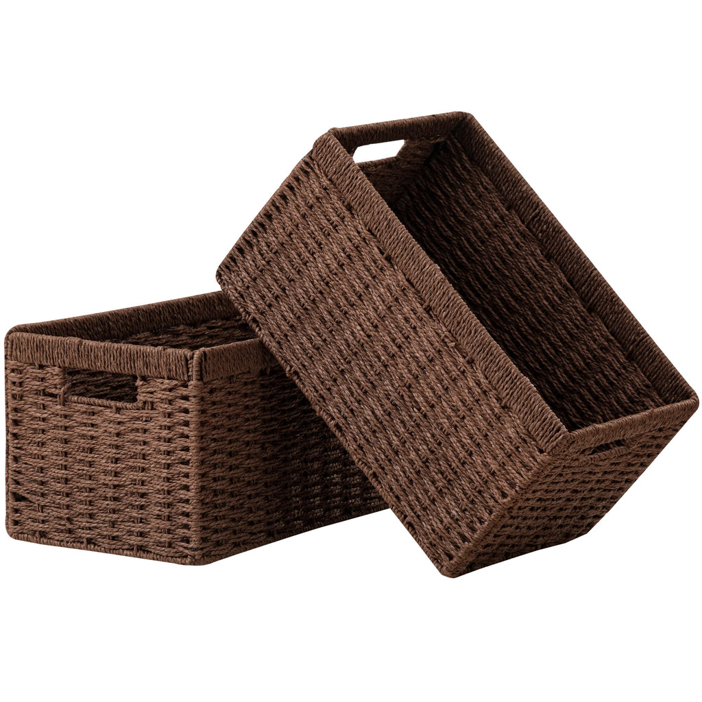 UBBCARE 2 Pack Wicker Basket, 13.4L×8.3H×7.1W inch Woven Paper Rope Storage Baskets for Shelves, Foldable Rectangular Storage Baskets with Handle, Storage Basket for Organizing, Black