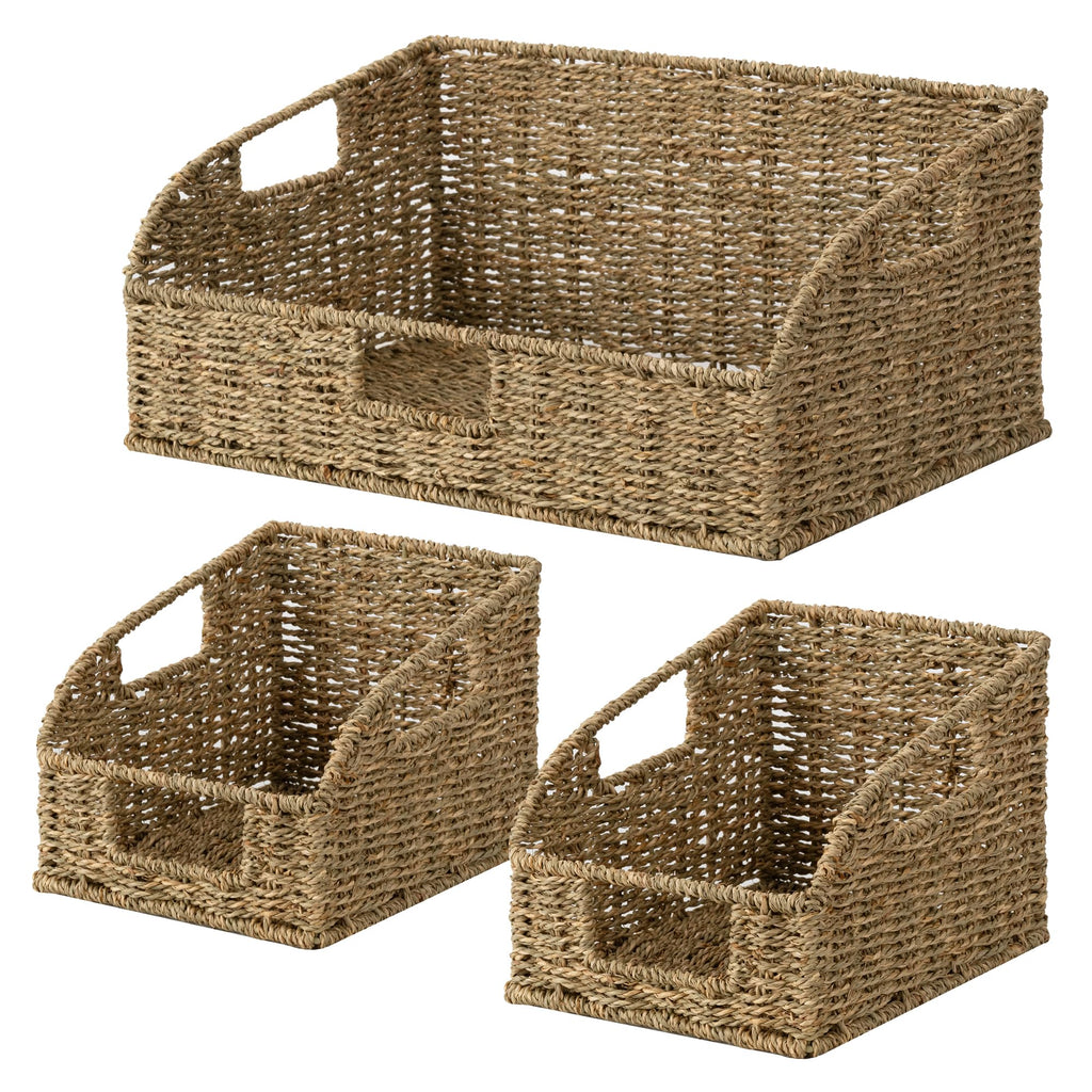 StorageWorks Pantry Baskets for Organizing, Wicker Basket with Built-in Handles, Handwoven Wicker Storage Baskets, Water Hyacinth for Shelves, 2 Pack