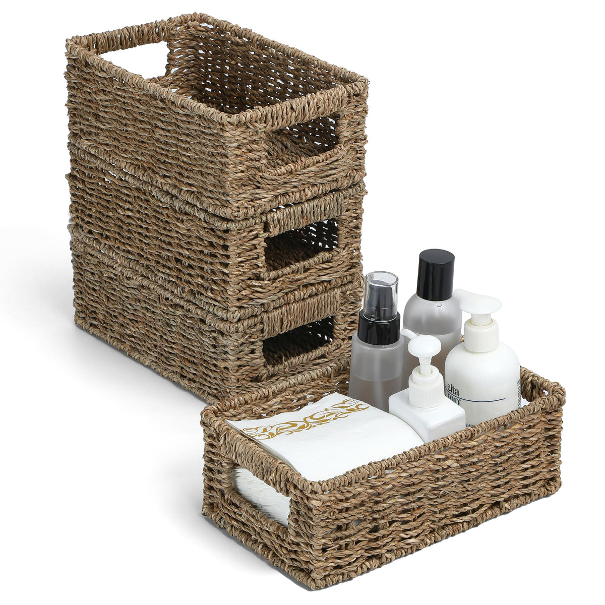 4 Small 3.6 QT Water Hyacinth Wicker Baskets for Shelves, 10" Long Woven Pantry Organizers and Storage Basket, Decorative Ratten Shallow Rectangle Baskets for Organizing Countertop Bathroom