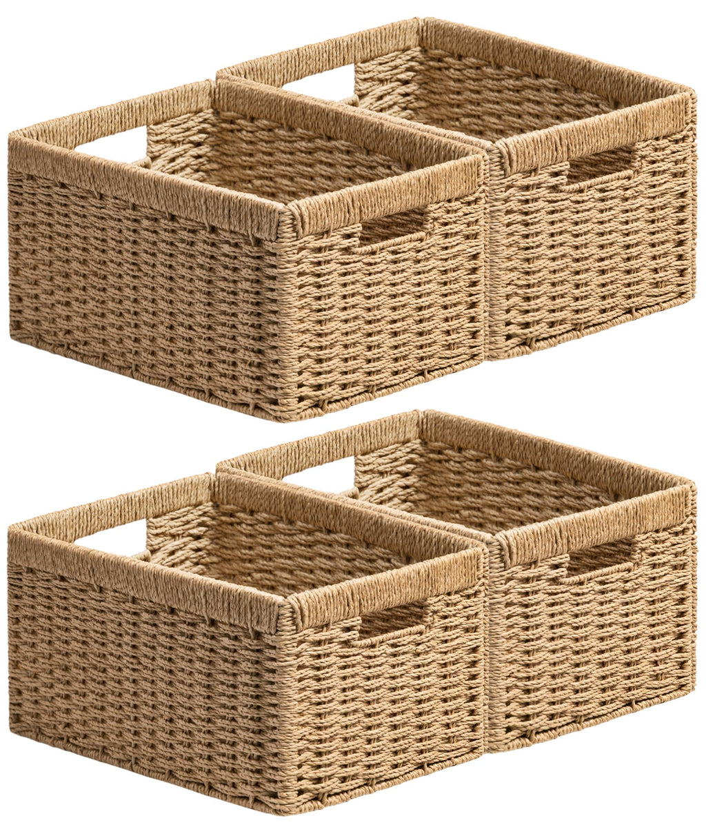UBBCARE 2 Pack Wicker Basket, 13.4L×8.3H×7.1W inch Woven Paper Rope Storage Baskets for Shelves, Foldable Rectangular Storage Baskets with Handle, Storage Basket for Organizing, Black