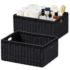 UBBCARE 2 Pack Wicker Basket, 13.4L×8.3H×7.1W inch Woven Paper Rope Storage Baskets for Shelves, Foldable Rectangular Storage Baskets with Handle, Storage Basket for Organizing, Black