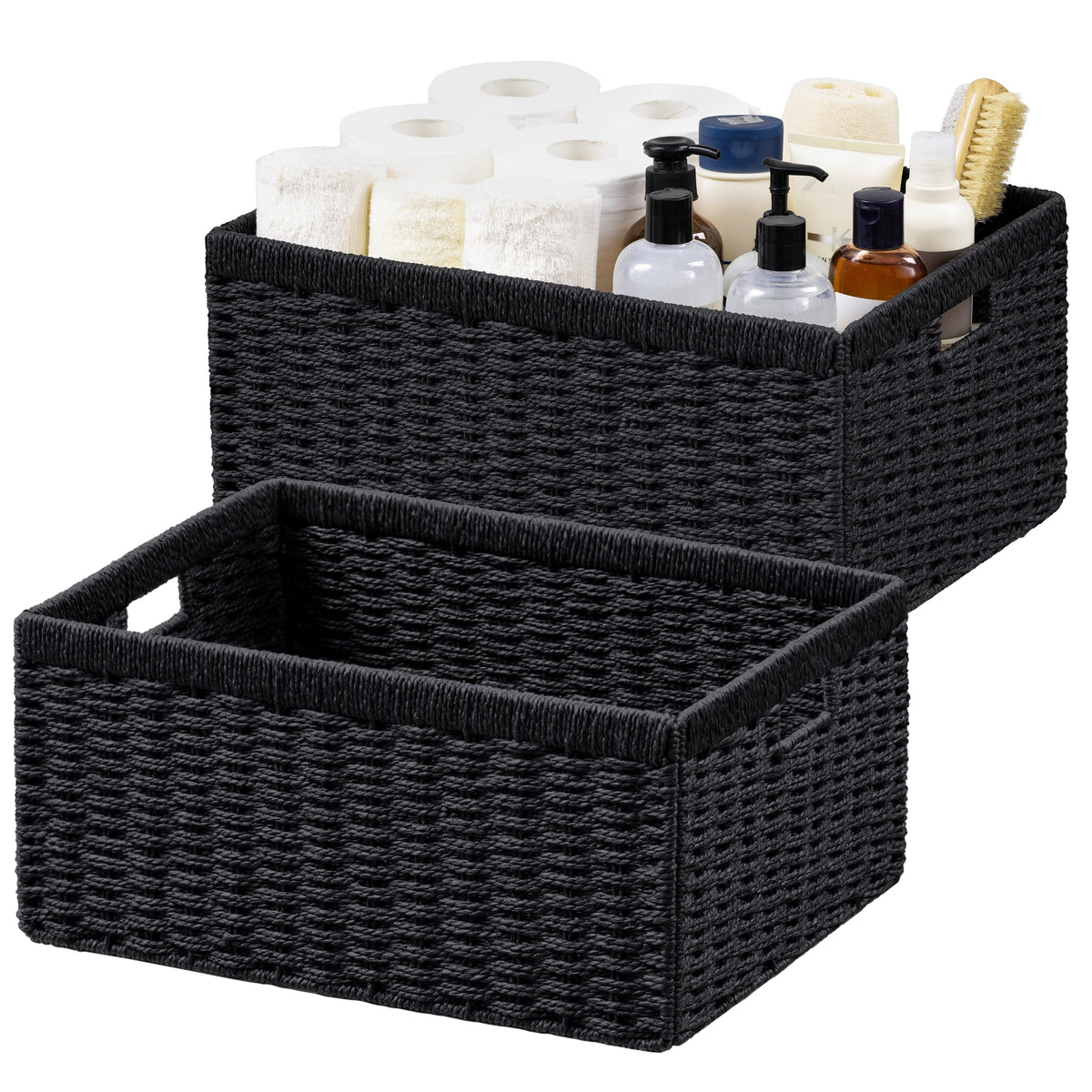 UBBCARE 2 Pack Wicker Basket, 13.4L×8.3H×7.1W inch Woven Paper Rope Storage Baskets for Shelves, Foldable Rectangular Storage Baskets with Handle, Storage Basket for Organizing, Black