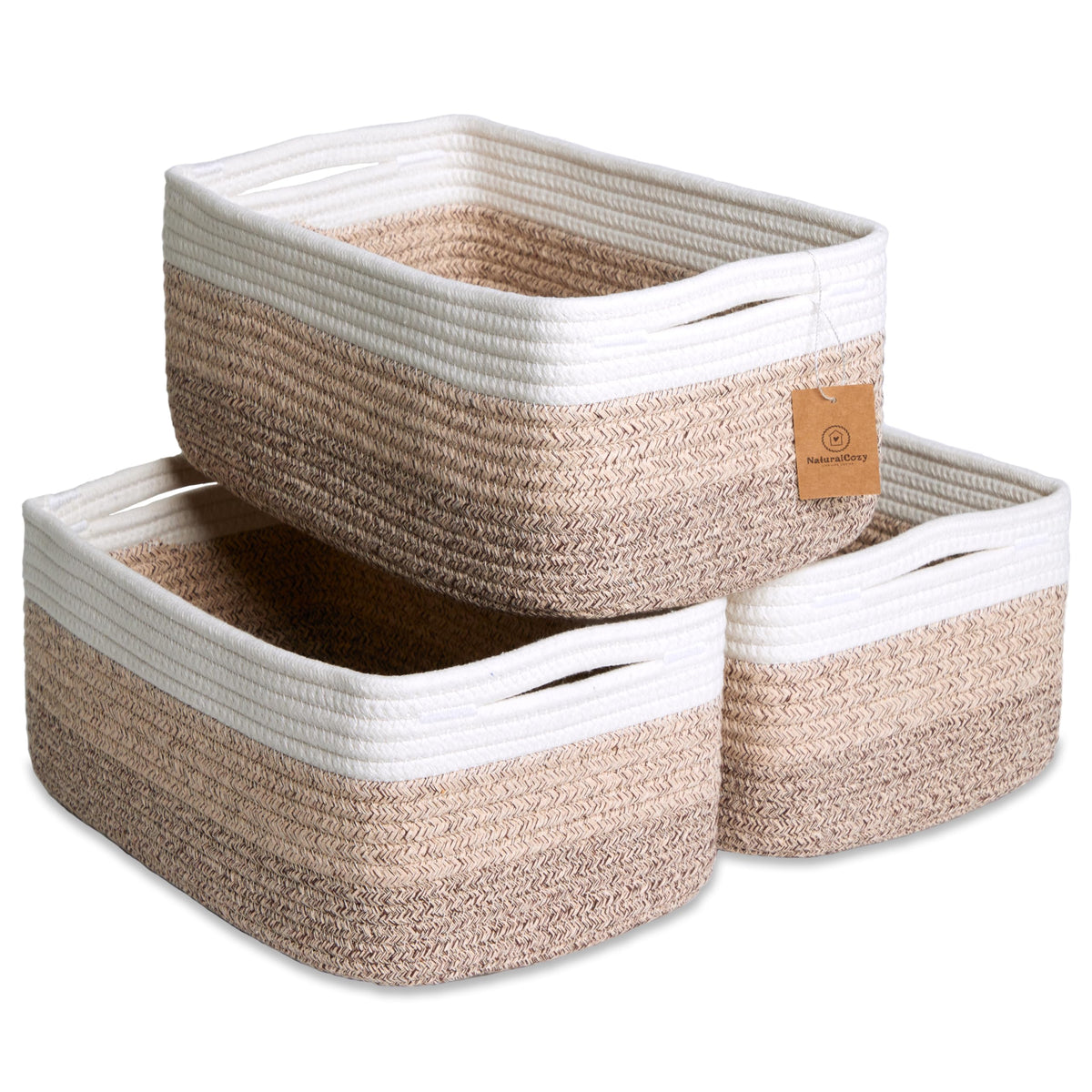 NaturalCozy 11.8"x8"x4.5” Storage Baskets for Shelves 3 Pack | Cotton Rope Woven Small Baskets for Organizing | Small Storage Bins for Nursery, Bathroom, Closet, Cube Shelf, Decorative, Gift Basket