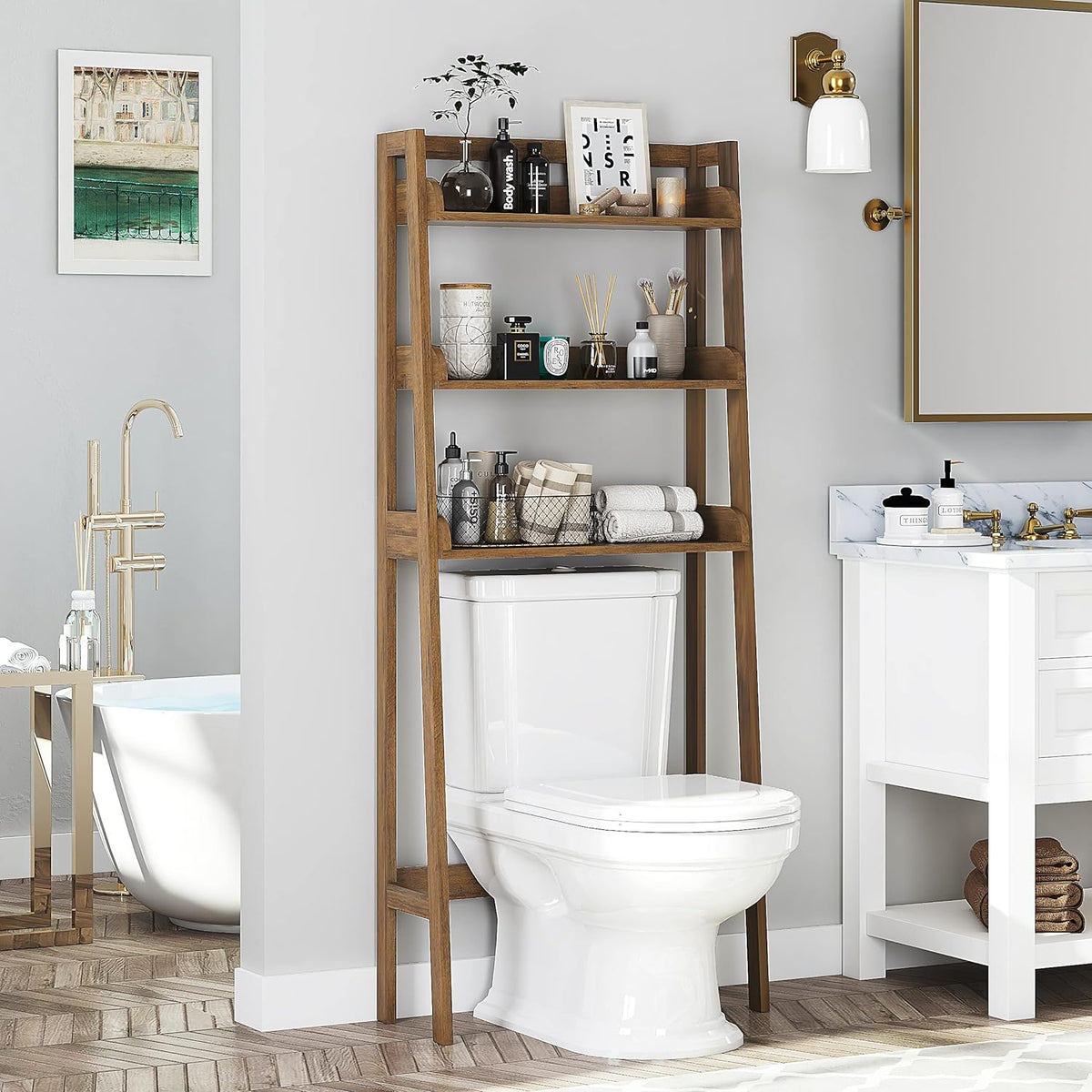 UTEX Over Toilet Bathroom Organizer, 3-Tier Storage Shelf Rack, Wood Grain
