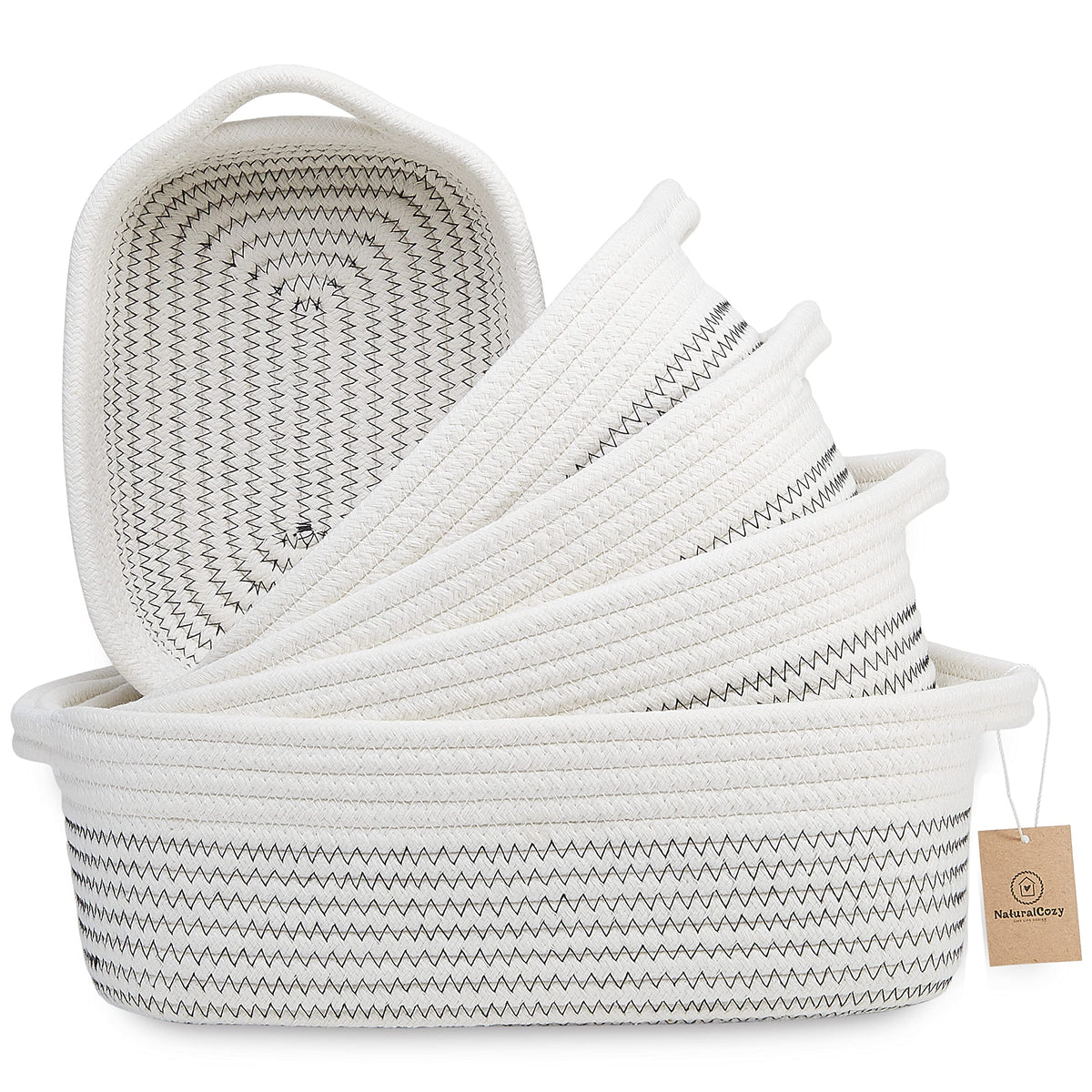 NaturalCozy 5-Piece Rectangle Storage Basket Set- Natural Cotton Rope Woven for Organizing! Small Basket for Montessori, Baby Nursery, Dog Toy Baskets, Cat Toy Box, Bathroom Organization Bin