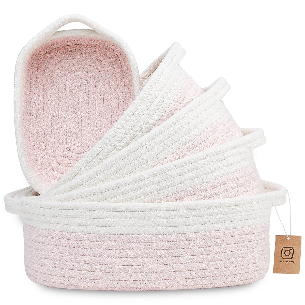 NaturalCozy 5-Piece Rectangle Storage Basket Set- Natural Cotton Rope Woven for Organizing! Small Basket for Montessori, Baby Nursery, Dog Toy Baskets, Cat Toy Box, Bathroom Organization Bin