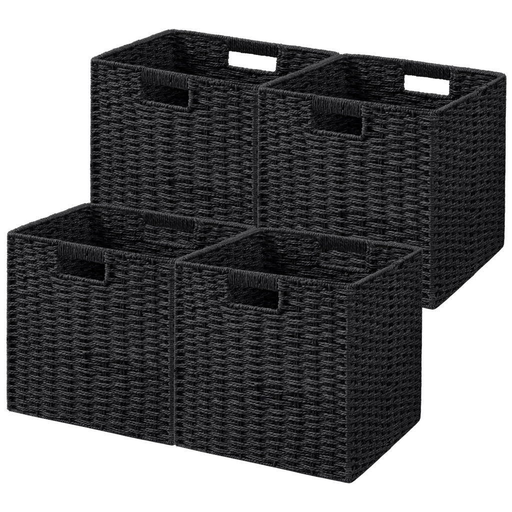 UBBCARE 2 Pack Wicker Basket, 13.4L×8.3H×7.1W inch Woven Paper Rope Storage Baskets for Shelves, Foldable Rectangular Storage Baskets with Handle, Storage Basket for Organizing, Black