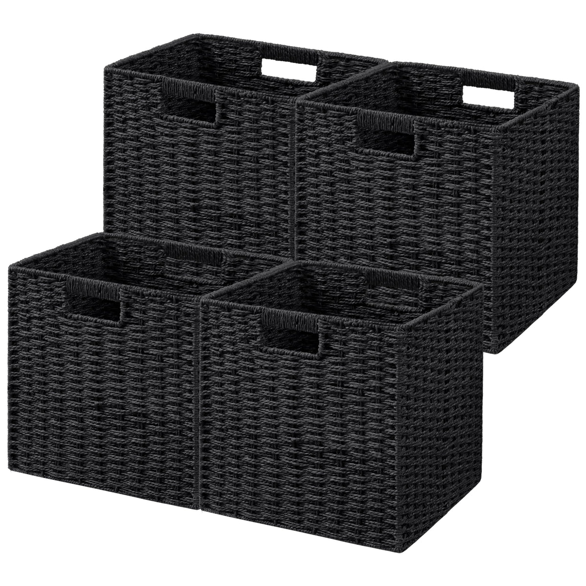 UBBCARE 2 Pack Wicker Basket, 13.4L×8.3H×7.1W inch Woven Paper Rope Storage Baskets for Shelves, Foldable Rectangular Storage Baskets with Handle, Storage Basket for Organizing, Black