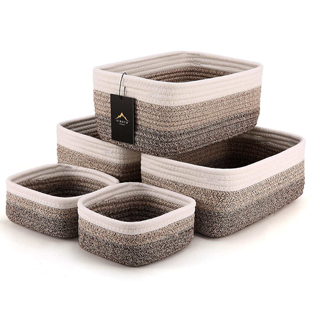 5-Pack Small Woven Rope Storage Baskets, 2 Sizes Organizer Bins