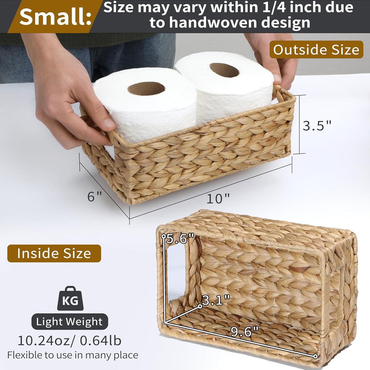 4 Small 3.6 QT Water Hyacinth Wicker Baskets for Shelves, 10" Long Woven Pantry Organizers and Storage Basket, Decorative Ratten Shallow Rectangle Baskets for Organizing Countertop Bathroom