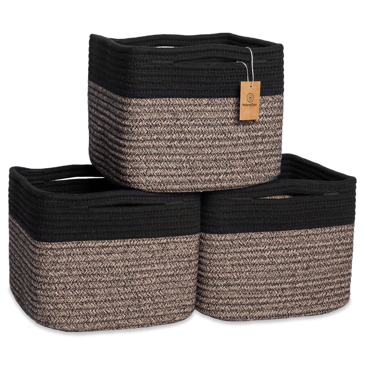 NaturalCozy Storage Cubes 9”x9”x7”Cotton Rope Woven Baskets for Organizing 3-Pack | 9 Inch Cube Storage Bin | Small Basket for Shelf Nursery, Pantry, Decorative Plant, Bathroom Closet, Toy Gift