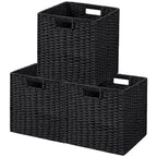 UBBCARE 2 Pack Wicker Basket, 13.4L×8.3H×7.1W inch Woven Paper Rope Storage Baskets for Shelves, Foldable Rectangular Storage Baskets with Handle, Storage Basket for Organizing, Black
