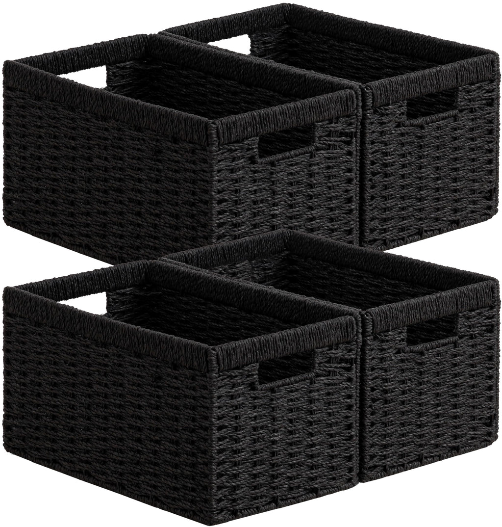 UBBCARE 2 Pack Wicker Basket, 13.4L×8.3H×7.1W inch Woven Paper Rope Storage Baskets for Shelves, Foldable Rectangular Storage Baskets with Handle, Storage Basket for Organizing, Black