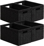 UBBCARE 2 Pack Wicker Basket, 13.4L×8.3H×7.1W inch Woven Paper Rope Storage Baskets for Shelves, Foldable Rectangular Storage Baskets with Handle, Storage Basket for Organizing, Black