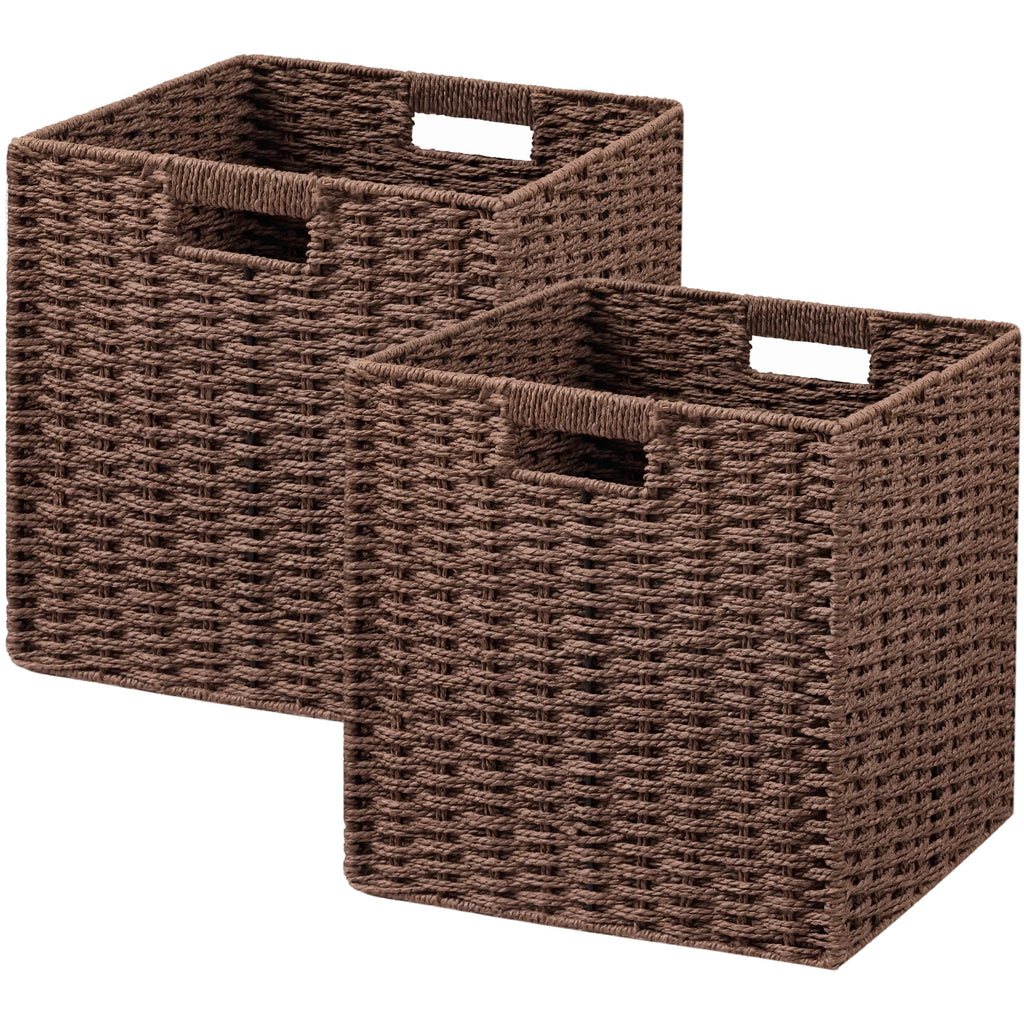 UBBCARE 2 Pack Wicker Basket, 13.4L×8.3H×7.1W inch Woven Paper Rope Storage Baskets for Shelves, Foldable Rectangular Storage Baskets with Handle, Storage Basket for Organizing, Black