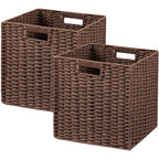 UBBCARE 2 Pack Wicker Basket, 13.4L×8.3H×7.1W inch Woven Paper Rope Storage Baskets for Shelves, Foldable Rectangular Storage Baskets with Handle, Storage Basket for Organizing, Black