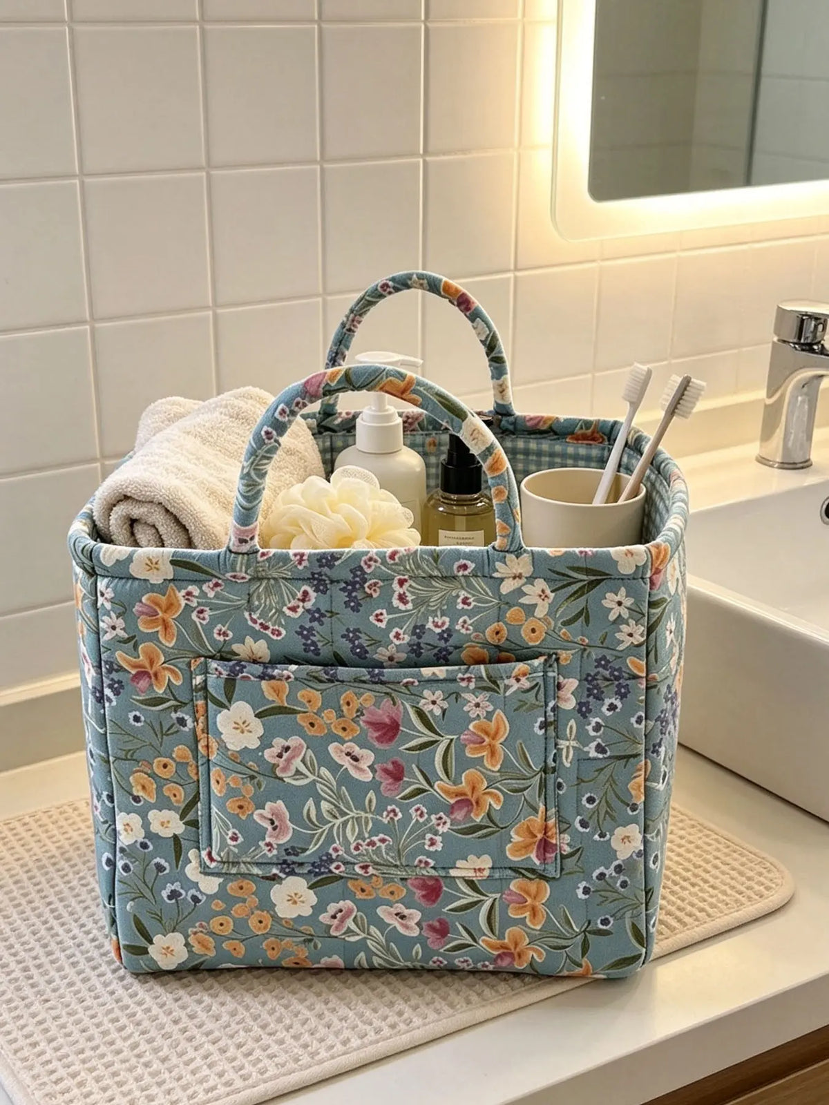 Vintage Floral Quilted with Double Handles, Foldable Fabric Organizer Tote for Bathroom Car Picnic, Bathroom Storage Baskets
