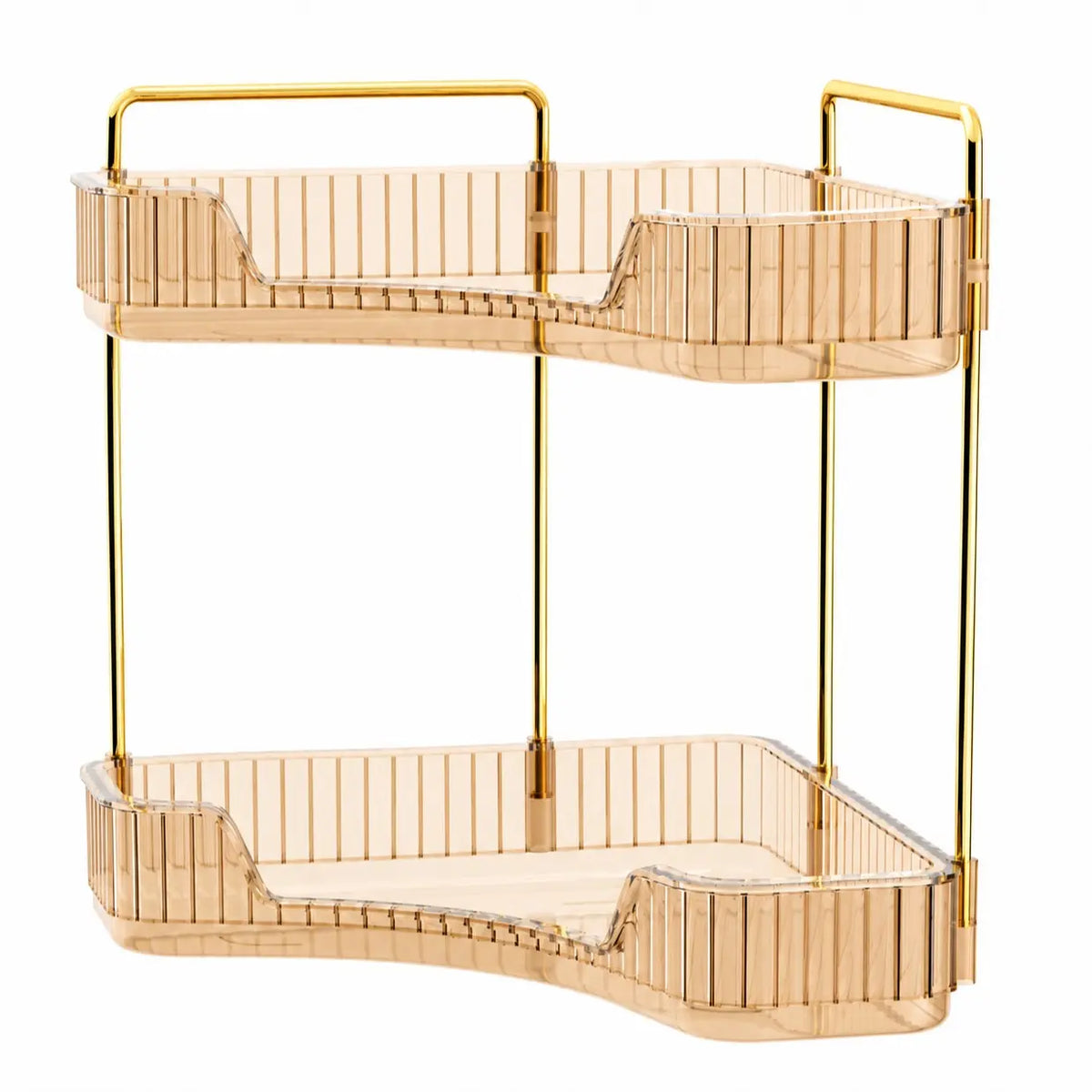 2-Tiers Plastic Corner Bathroom Counter Organizer - Gold Metal Pole Shelves, Makeup Organizer Storage Rack, Cosmetic Perfume Tray Holder for Vanity Sink, Bathroom Gadget, Bathroom Accessories