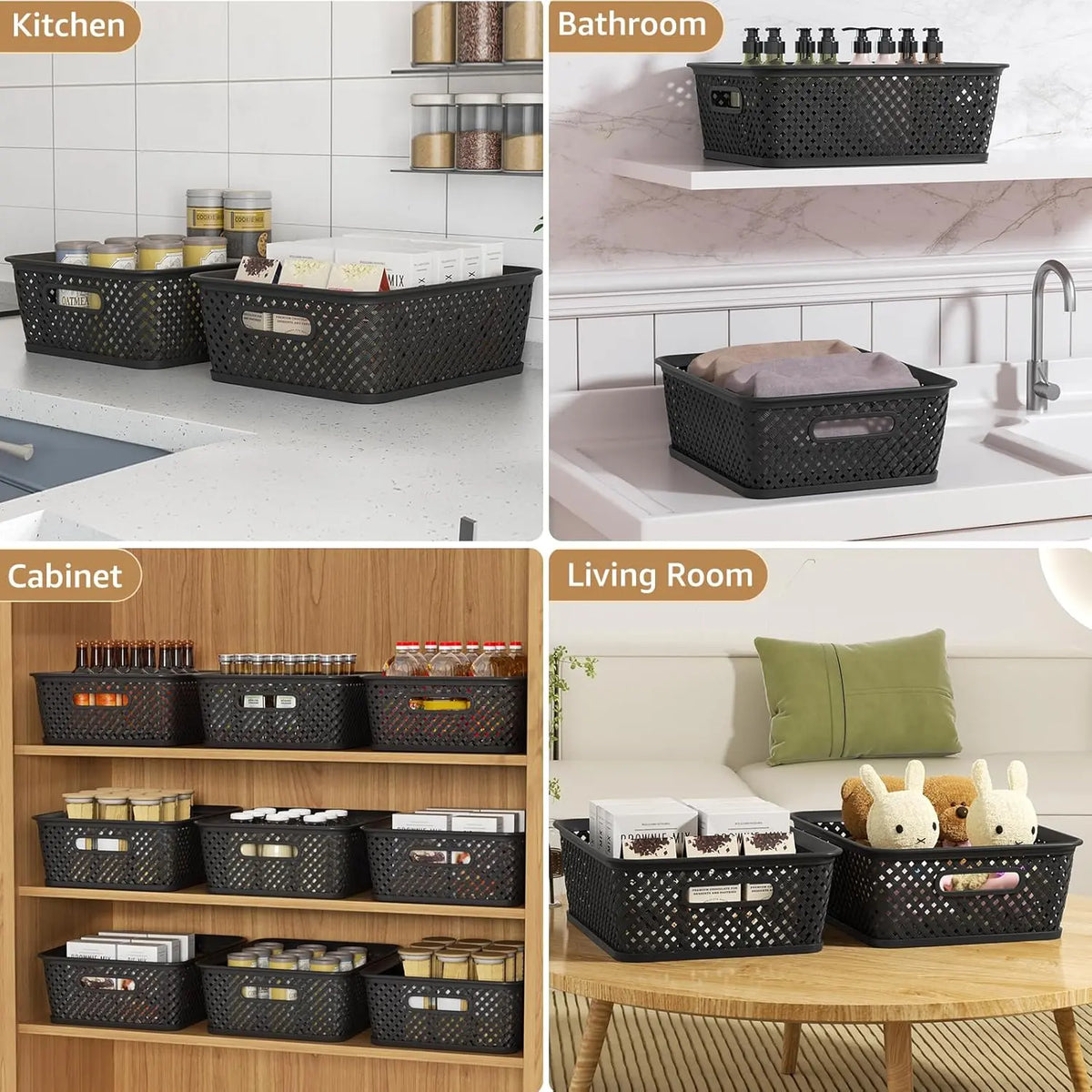 MaxGear 3 Pack Plastic Storage Baskets with Built-In Handles, Woven Organizer Bins for Pantry, Closet, Cabinet, Bathroom, Kitchen and Office, Multiple Sizes and Colors Home Organization Containers Pantry Storage Basket
