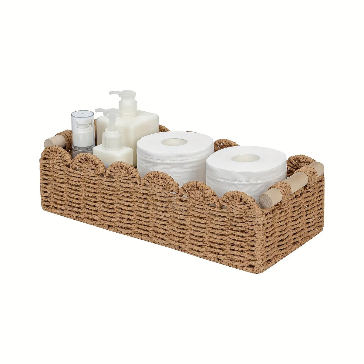 Rattan Wicker Storage Basket Handwoven Natural with Fan Edge Design, Toilet Tank Top Organizer and Decorative Basket for Bathroom Bedroom Living