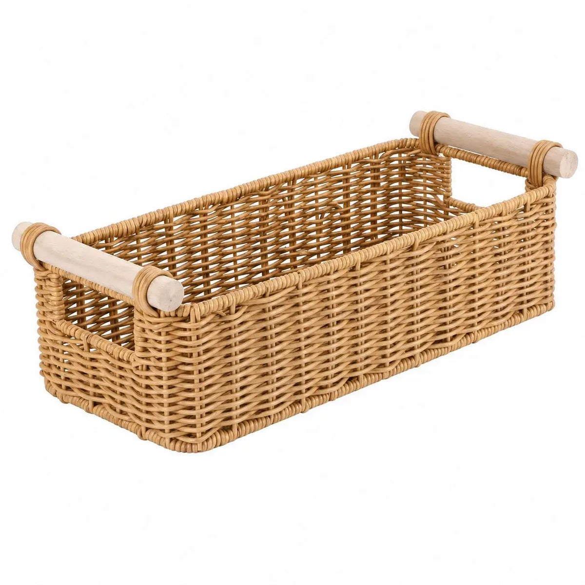 BROWNLILY Classic Handwoven Wicker Toilet Storage Basket with Wooden Handle, Durable Rectangular Bathroom Woven Storage Organizer for Toilet Paper, Towels, Vanity Counter Use, Faux Rattan