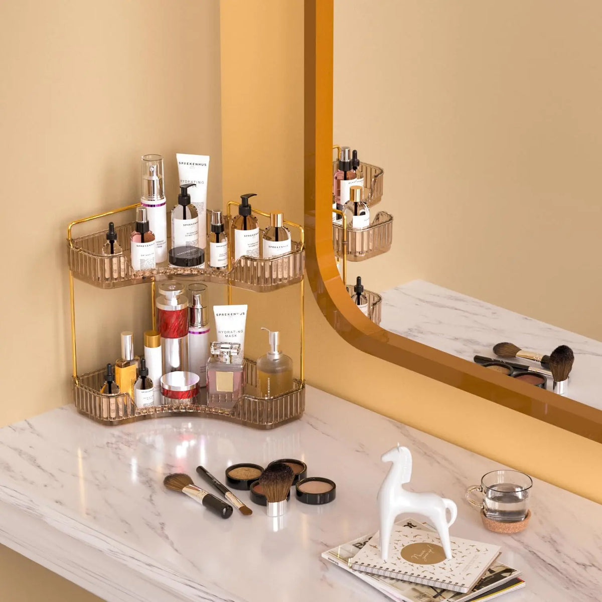 2-Tiers Corner Bathroom Counter Organizer - Gold Metal Pole Shelves, Bathroom Accessories Storage Organization Rack, Makeup Organizer Storage for Vanity Sink Kitchen