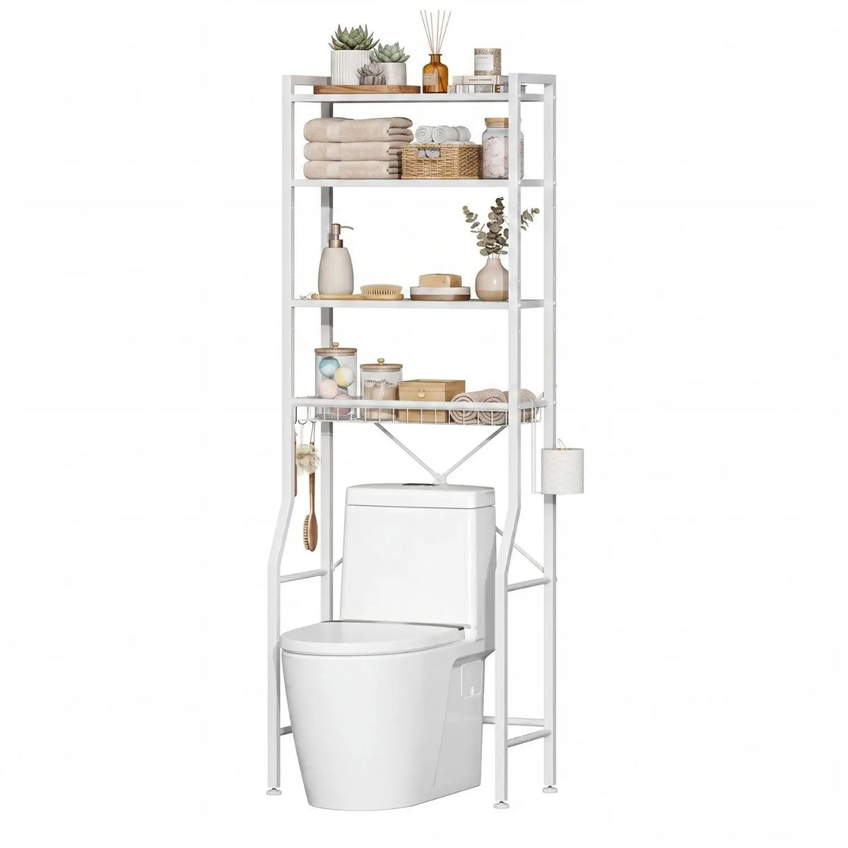 68IN Bathroom Storage Shelf, Space-Saving Over-The-Toilet Rack with 3 Adjustable Shelves, Hooks, Basket – Rustic Farmhouse Freestanding Organizer