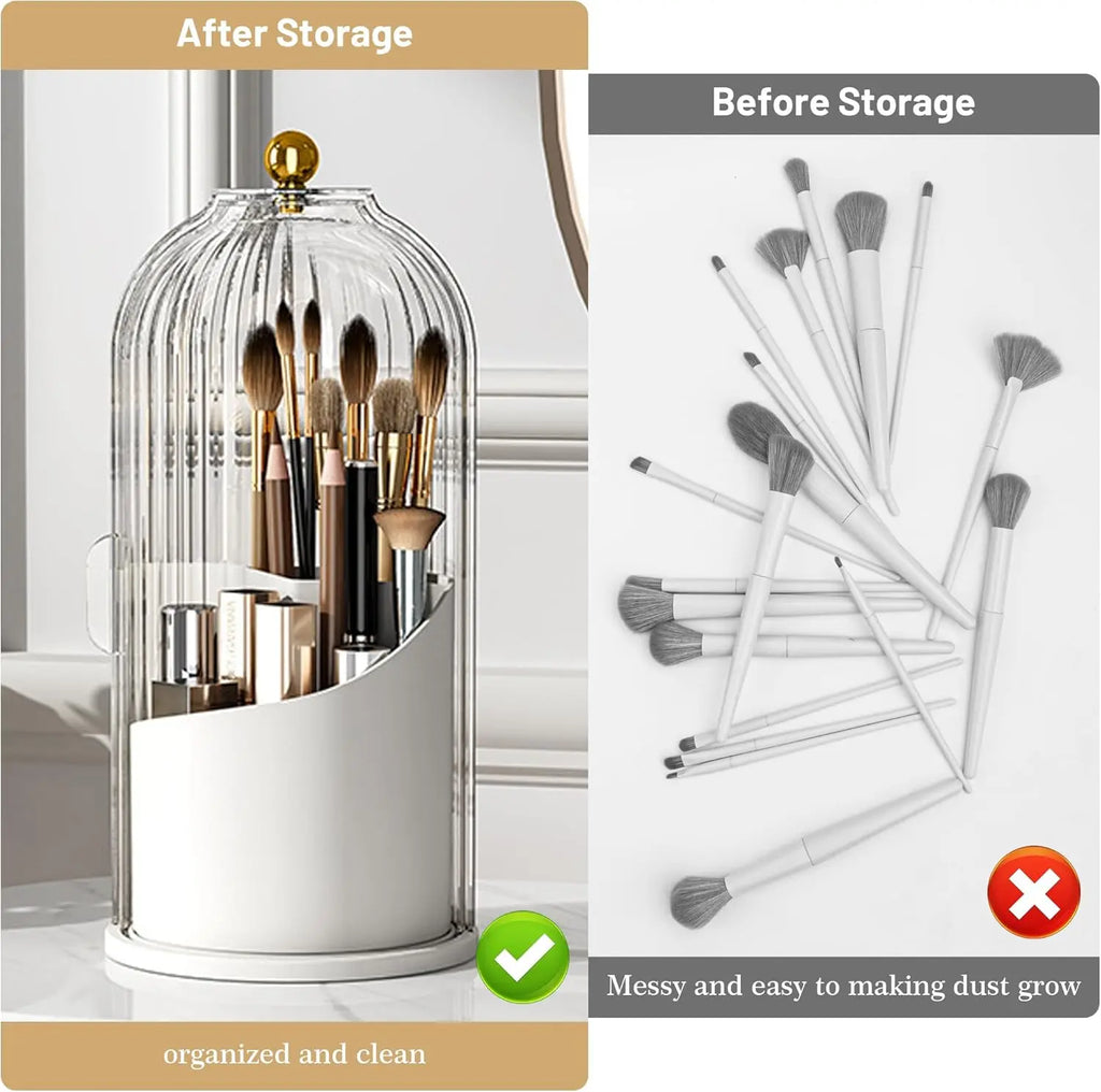 Luxury 360-Degree Rotating Makeup Brush Holder with Transparent Door Lid - Cosmetic Storage Box, Makeup Organizer, Bathroom Organizer, Container for Vanity Desktop Countertop Storage Organization, Beauty Supplies Organizer,back to school