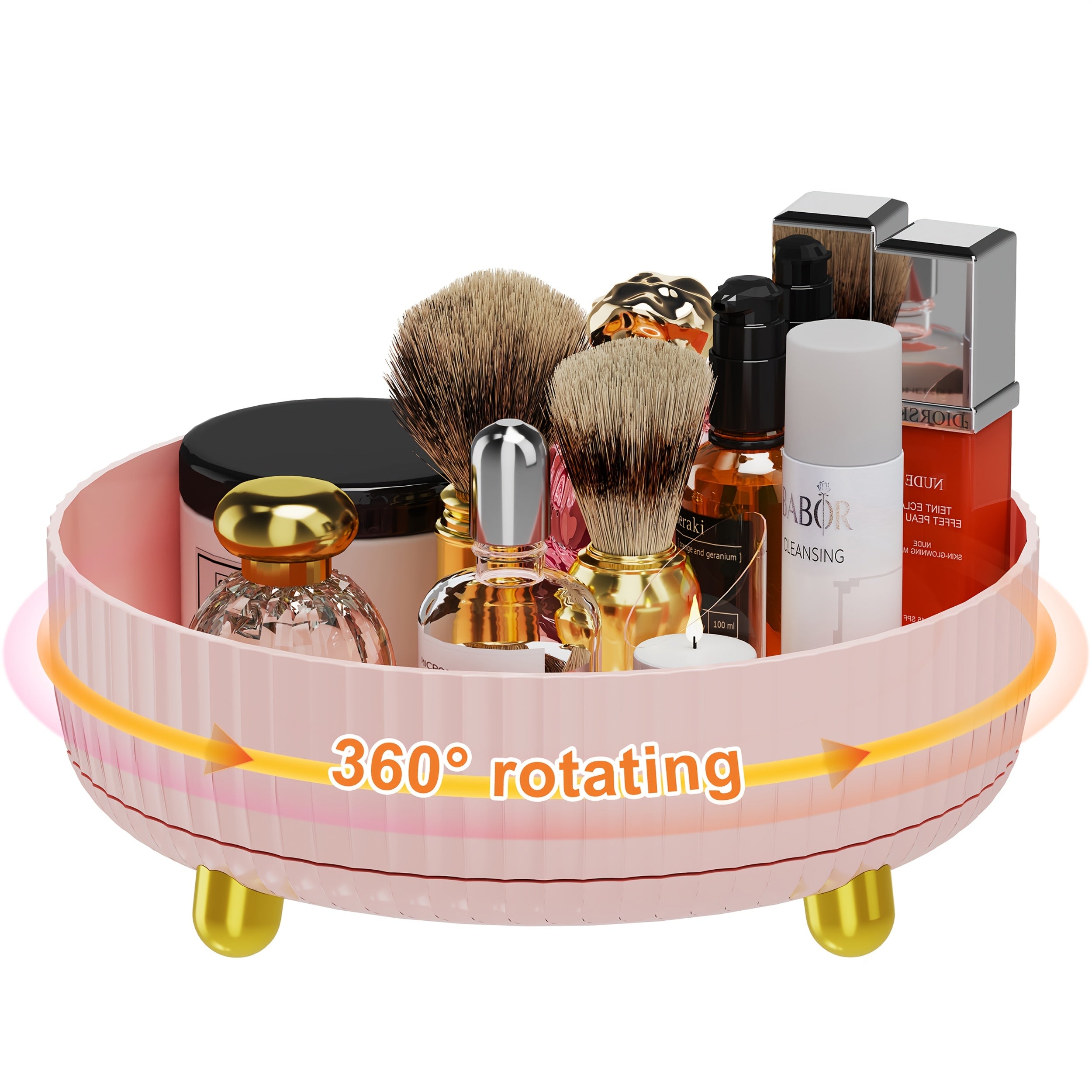 [360 Rotating Vanity Tray] 1pc Large Capacity 360-Degree Rotating Makeup And Perfume Organizer - Sleek Vanity Storage Tray with Golden Accents, Ribbed Edge Design for Stability, No Assembly Required, Vanity Tray