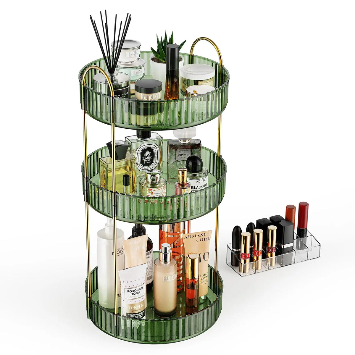 GooBird 360° Rotating Round Metal Makeup Tool Organizer Storage, User-Friendly Collapsible Stackable Vanity Shelf with Bonus 12-Slot Lipstick Holder, Multifunctional Bin for Makeup, Perfume, Skincare, Bathroom Birthday Gift for Girlfriend, Collapsible Sto