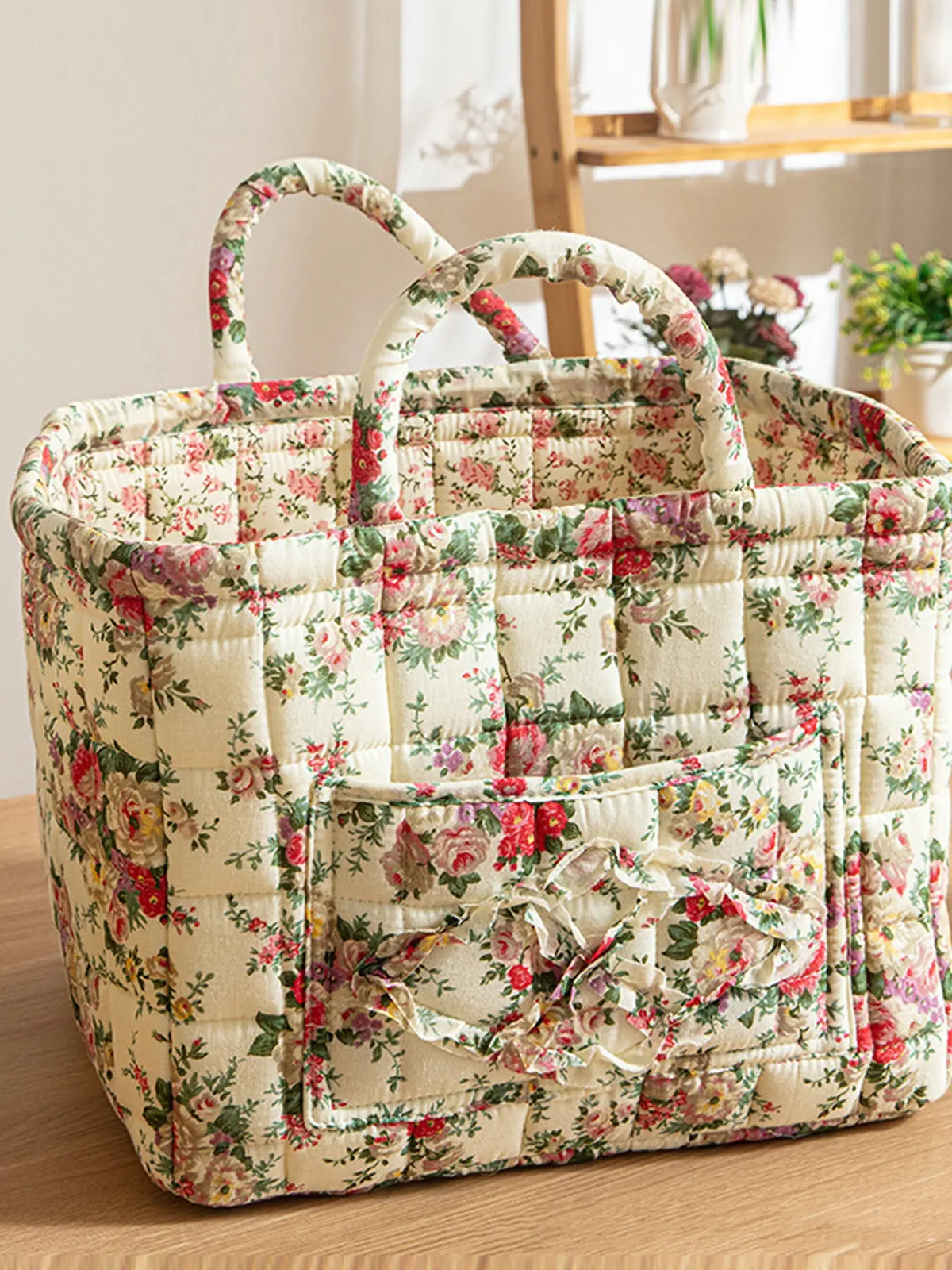 Floral Pattern Fabric Decorative Storage Basket, Portable Home Organizer for Kitchen, Bathroom and Office, Flower, Bathroom Storage Baskets