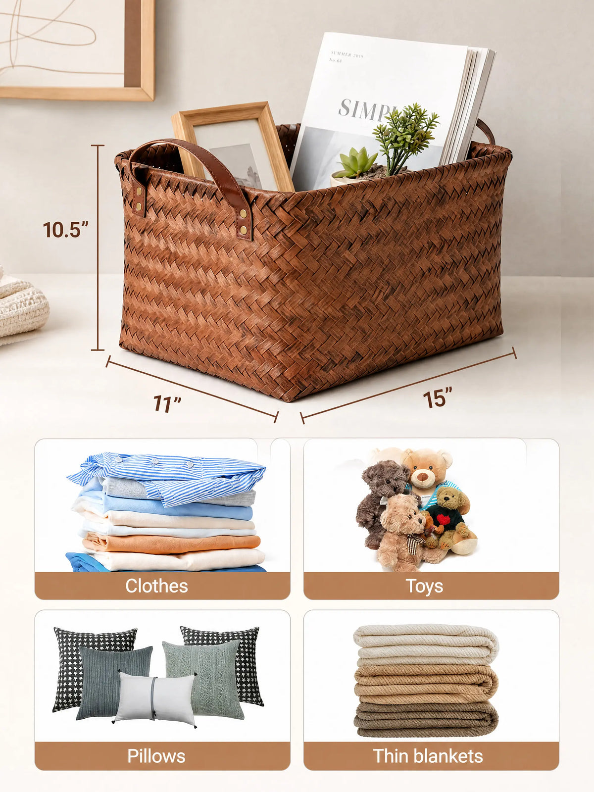 BROWNLILY Handwoven Wicker Storage Baskets with Vegan Leather Accents, 4/6/8-Pack Large Brown Bins with Handles, Decorative Faux Rattan Organizers for Shelves, Laundry, Bathroom Decor