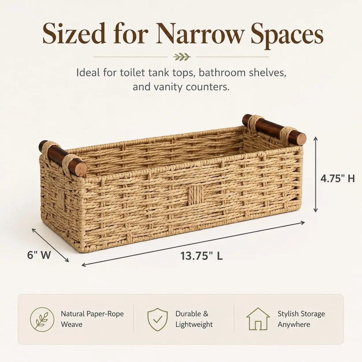 Woven Bathroom Basket with Wood Handles — Toilet Paper Storage Organizer, Back of Toilet Basket, Natural Wicker Basket for Tank Top, Countertop or Shelf