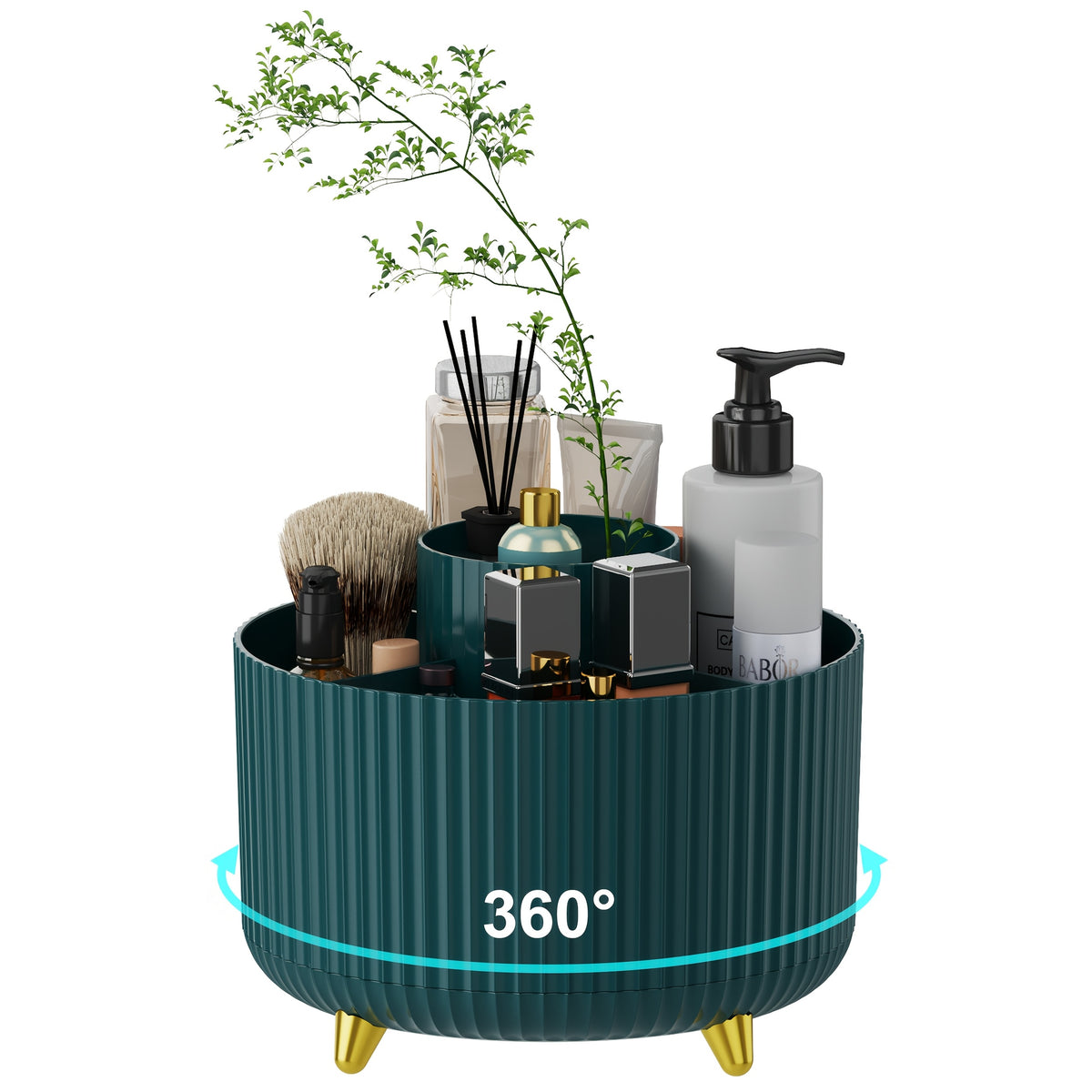 [360° Rotating Makeup Organizer] 360° Rotating Makeup Organizer - 1pc Plastic Cosmetic Storage With 5 Compartments - Multi-Functional Holder For Brushes, Lipsticks, Skin Care Products, And Stationery - Durable Unscented Desk Caddy With Stripe Design