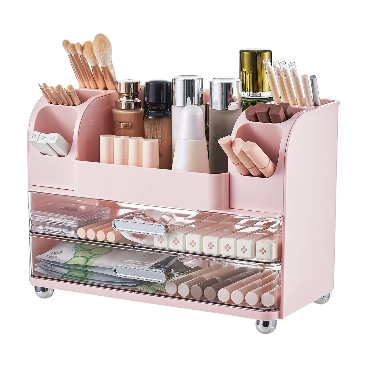 UFORU Makeup Organizer Box - Durable Storage Organizer for Vanity Organization, 2 Large Drawers, Brush Holders, Bathroom Countertop Skincare & Desk Office Supplies Pink Jewelry Storage Gift,dorm room inspo,college dorm essentials,dorm haul
