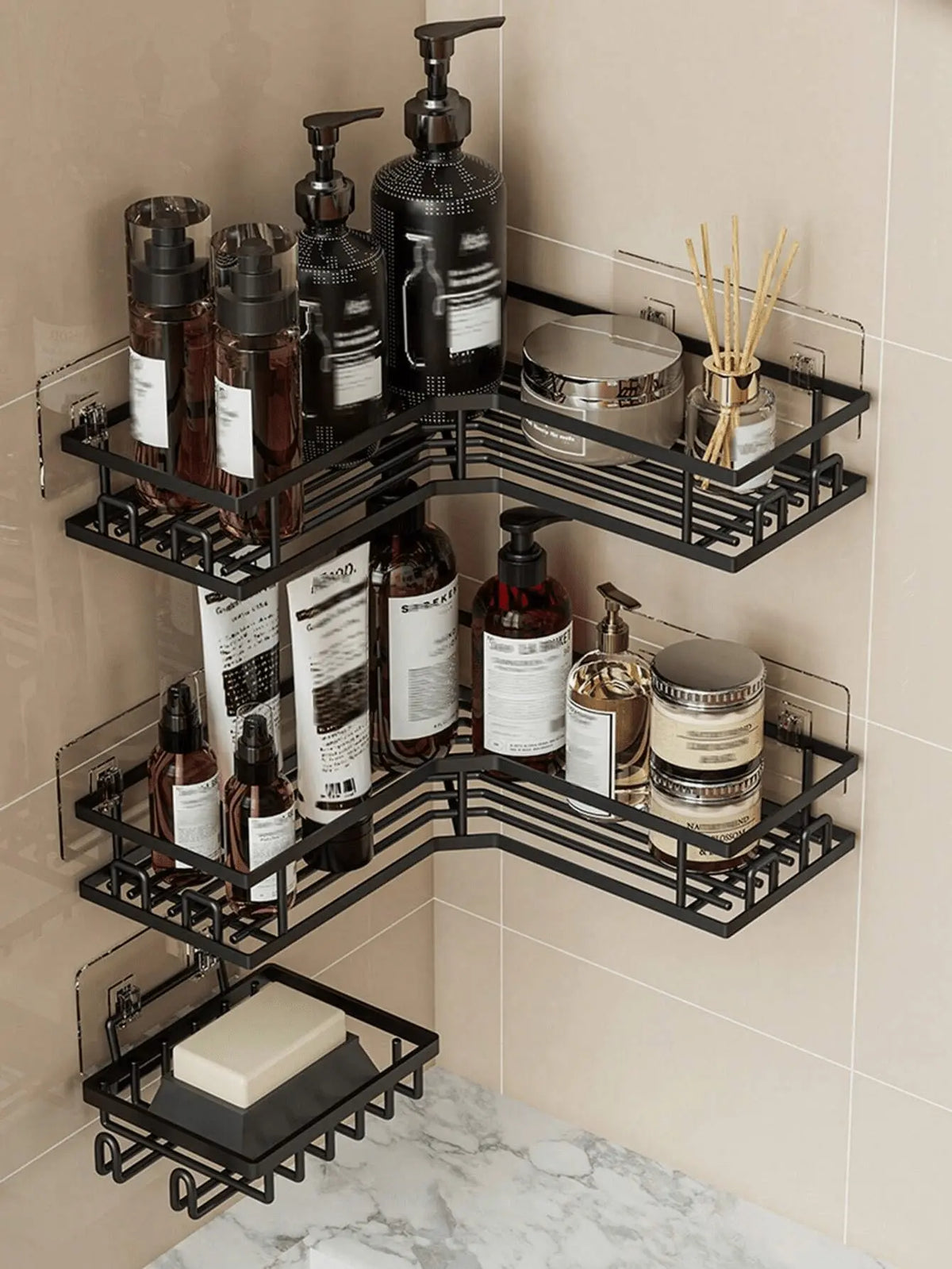 3/5 Pack Bathroom Accessory Set, 2 Stainless Steel Shower Shelves, 1 Soap Holder, Durable Adhesive Shower Organizer with Hooks, Tool-Free Installation Corner Rack, Rustproof Wall-Mounted Storage Organization